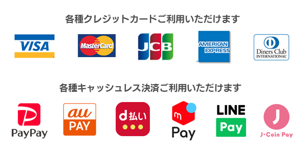 各種クレジットカード・各種キャッシュレス決済 ご利用いただけます